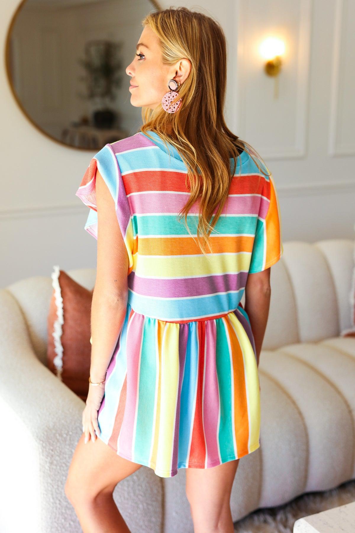 Best In Bold Multicolor Stripe Thermal Ruffle Sleeve Babydoll Top-Evelyns Fashion