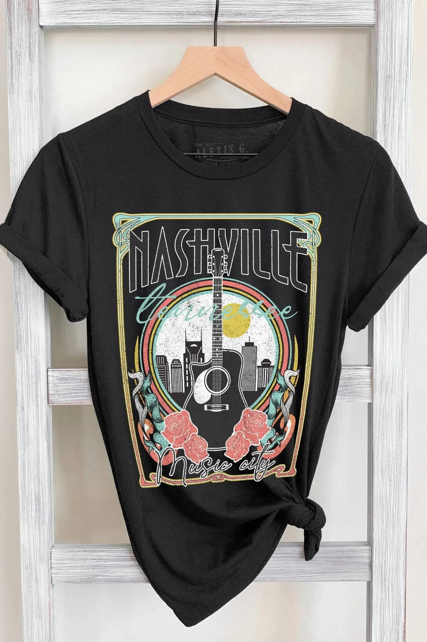 Black Cotton Nashville Graphic Knit Tee-Evelyns Fashion