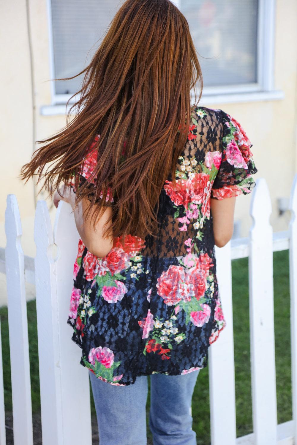 Black Floral Crochet Flutter Sleeve Top-Blouses-Evelyns Fashion