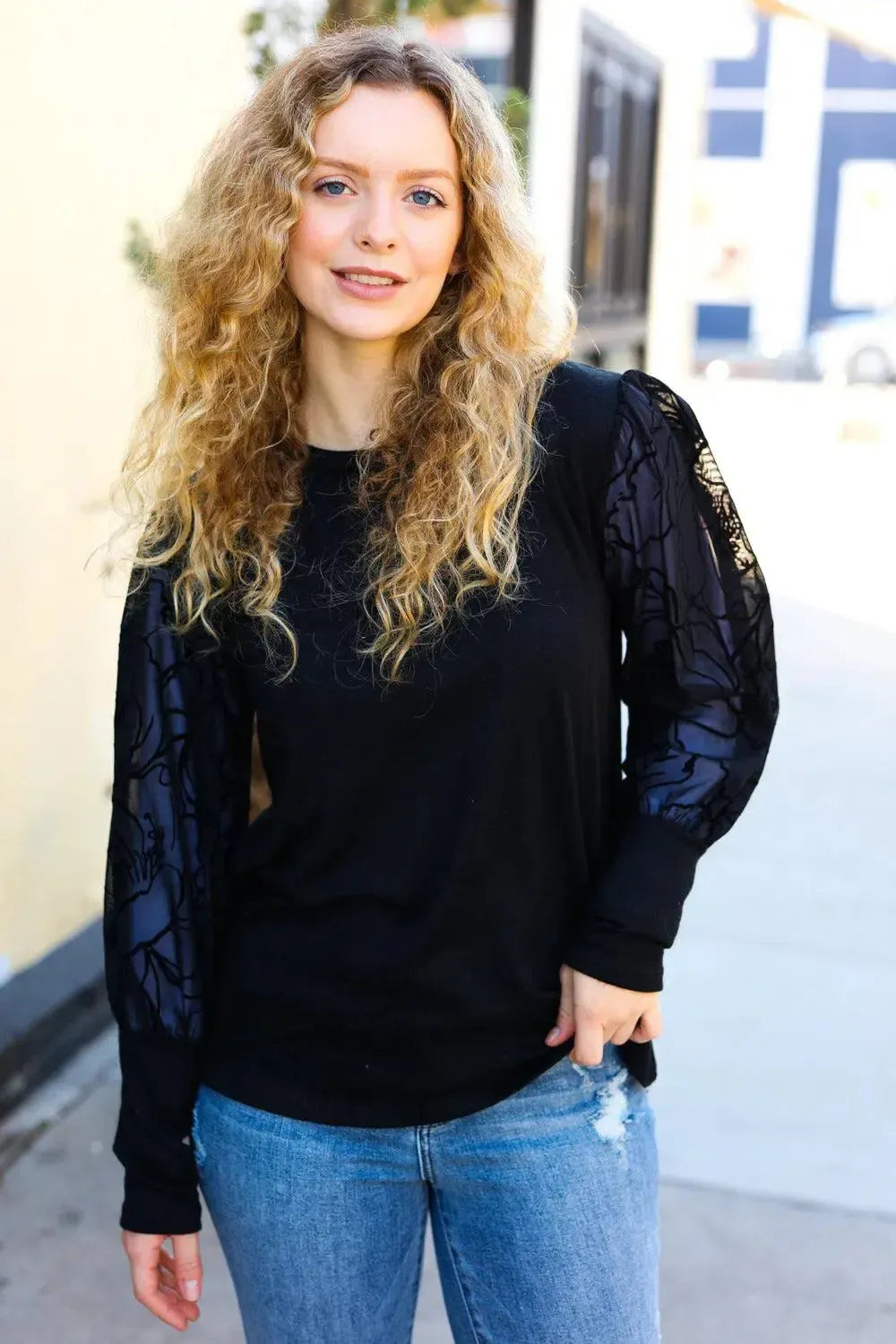 Black Floral Mesh Bubble Sleeve Top-Evelyns Fashion