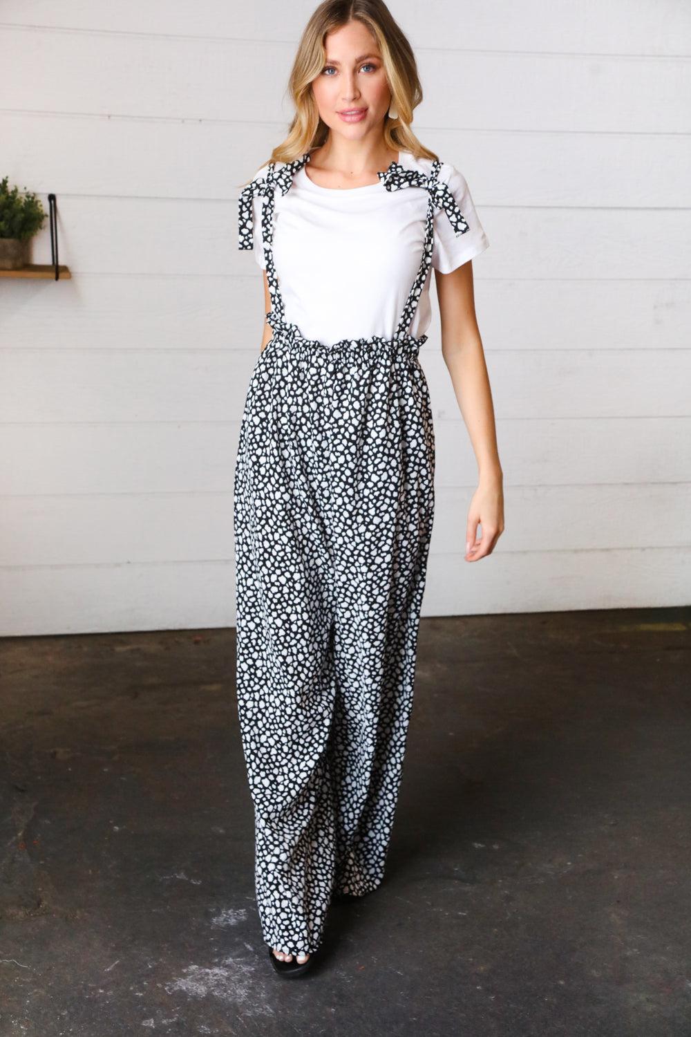 Black & White Animal Print Wide Leg Frilled Jumpsuit-Evelyns Fashion
