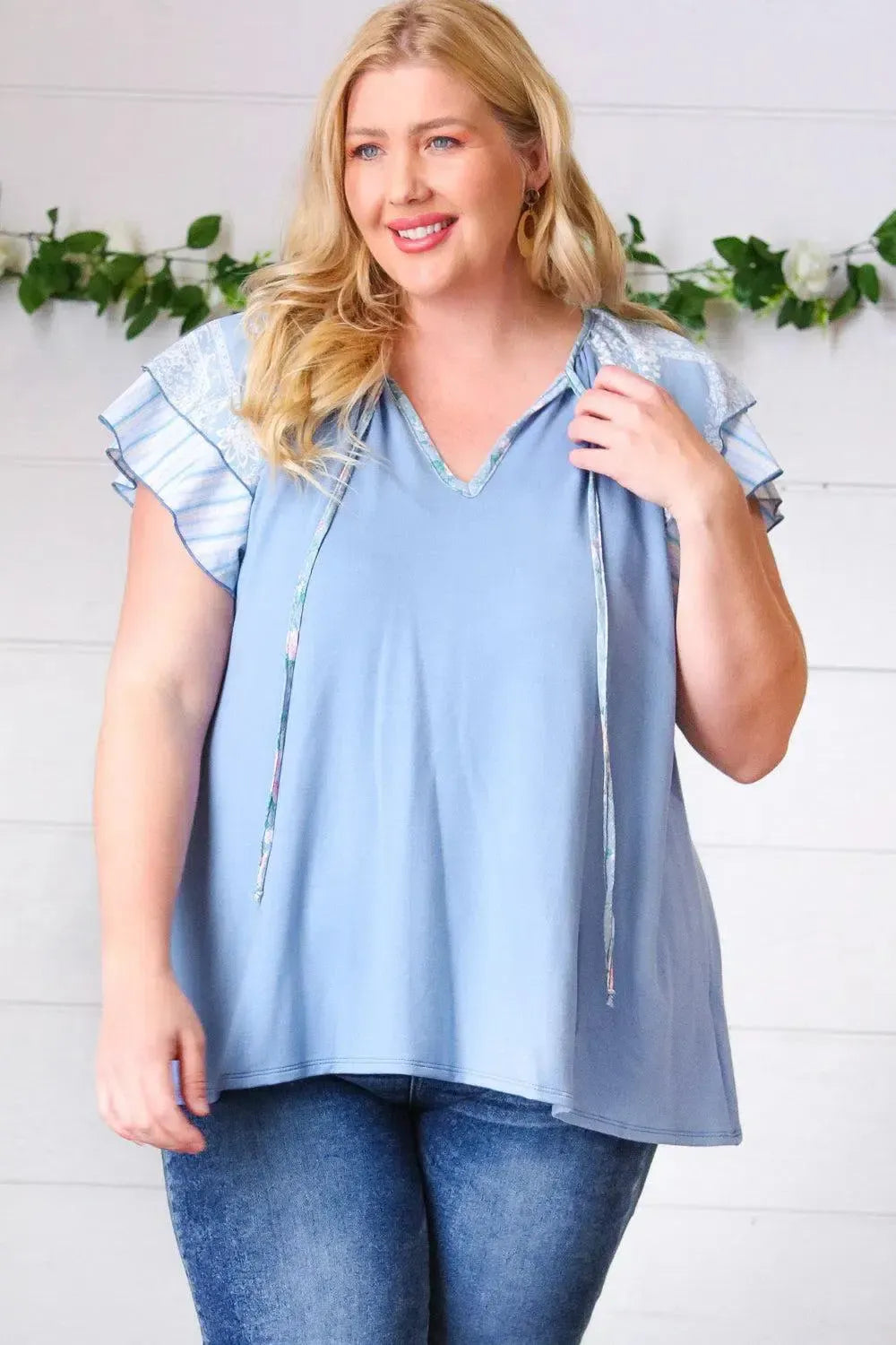 Blue Floral & Stripe V Neck Tie Double Flutter Sleeve Top-Evelyns Fashion