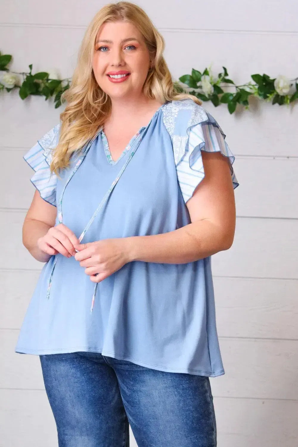 Blue Floral & Stripe V Neck Tie Double Flutter Sleeve Top-Evelyns Fashion