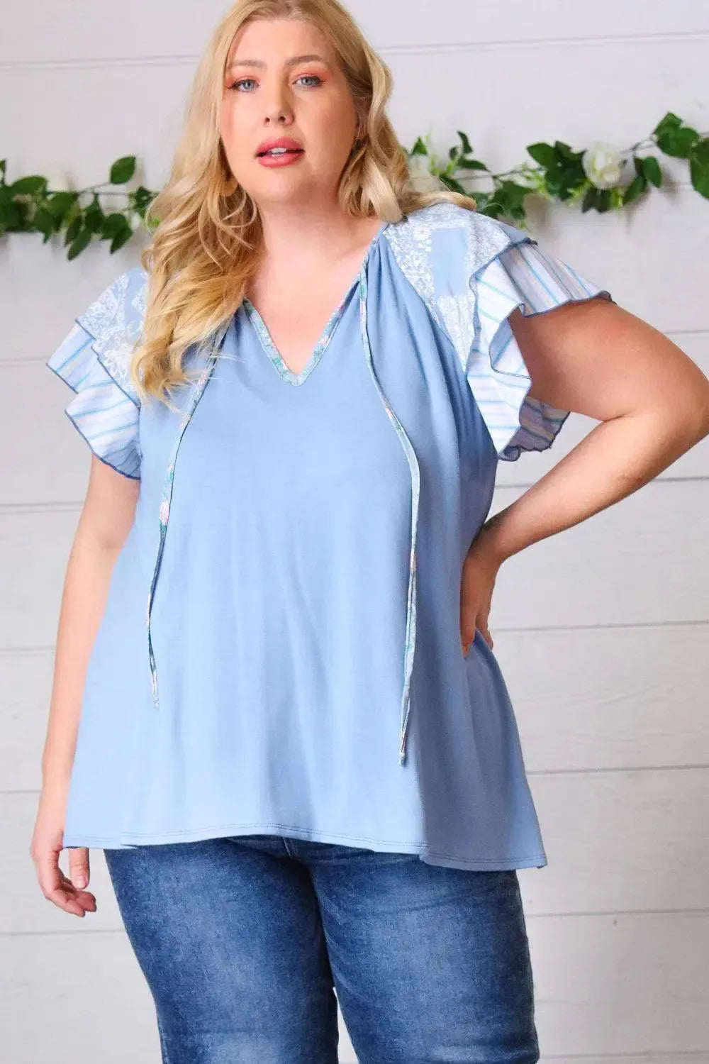Blue Floral & Stripe V Neck Tie Double Flutter Sleeve Top-Evelyns Fashion