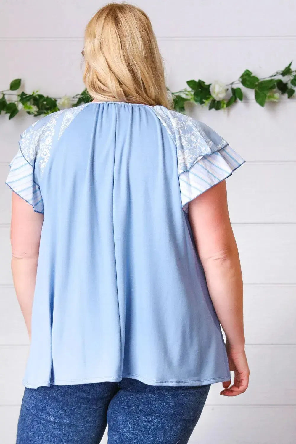Blue Floral & Stripe V Neck Tie Double Flutter Sleeve Top-Evelyns Fashion