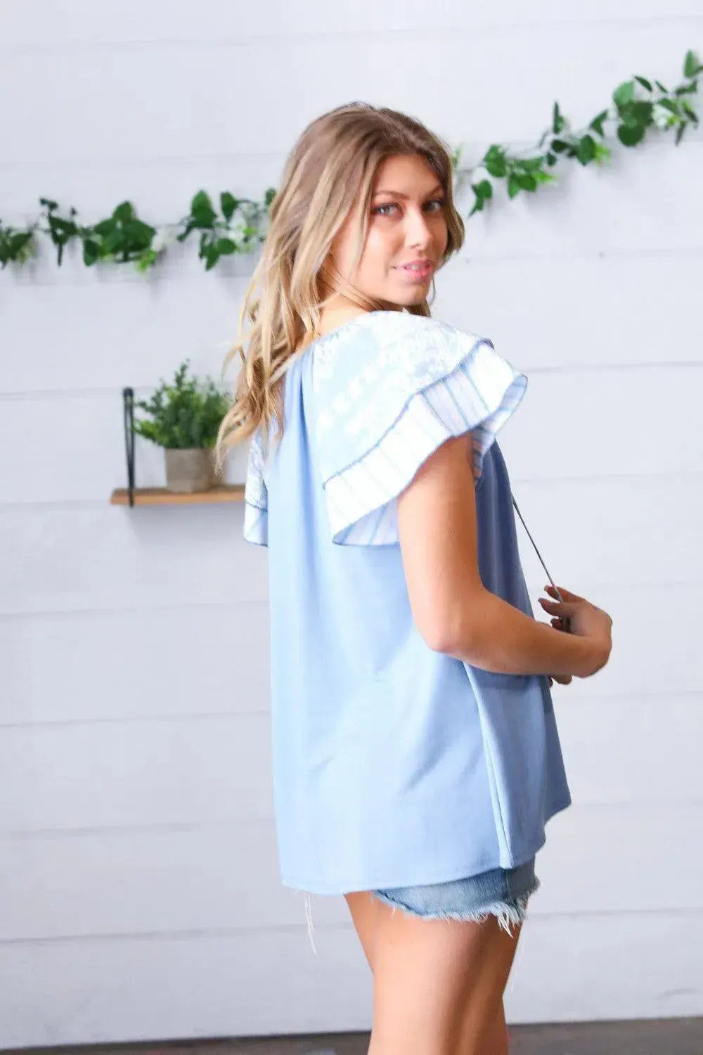 Blue Floral & Stripe V Neck Tie Double Flutter Sleeve Top-Evelyns Fashion
