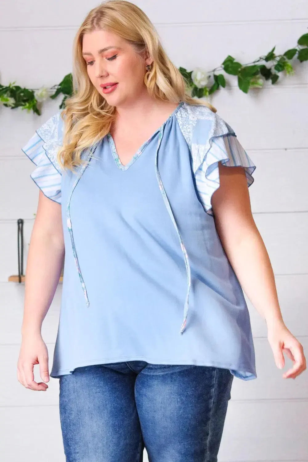 Blue Floral & Stripe V Neck Tie Double Flutter Sleeve Top-Evelyns Fashion