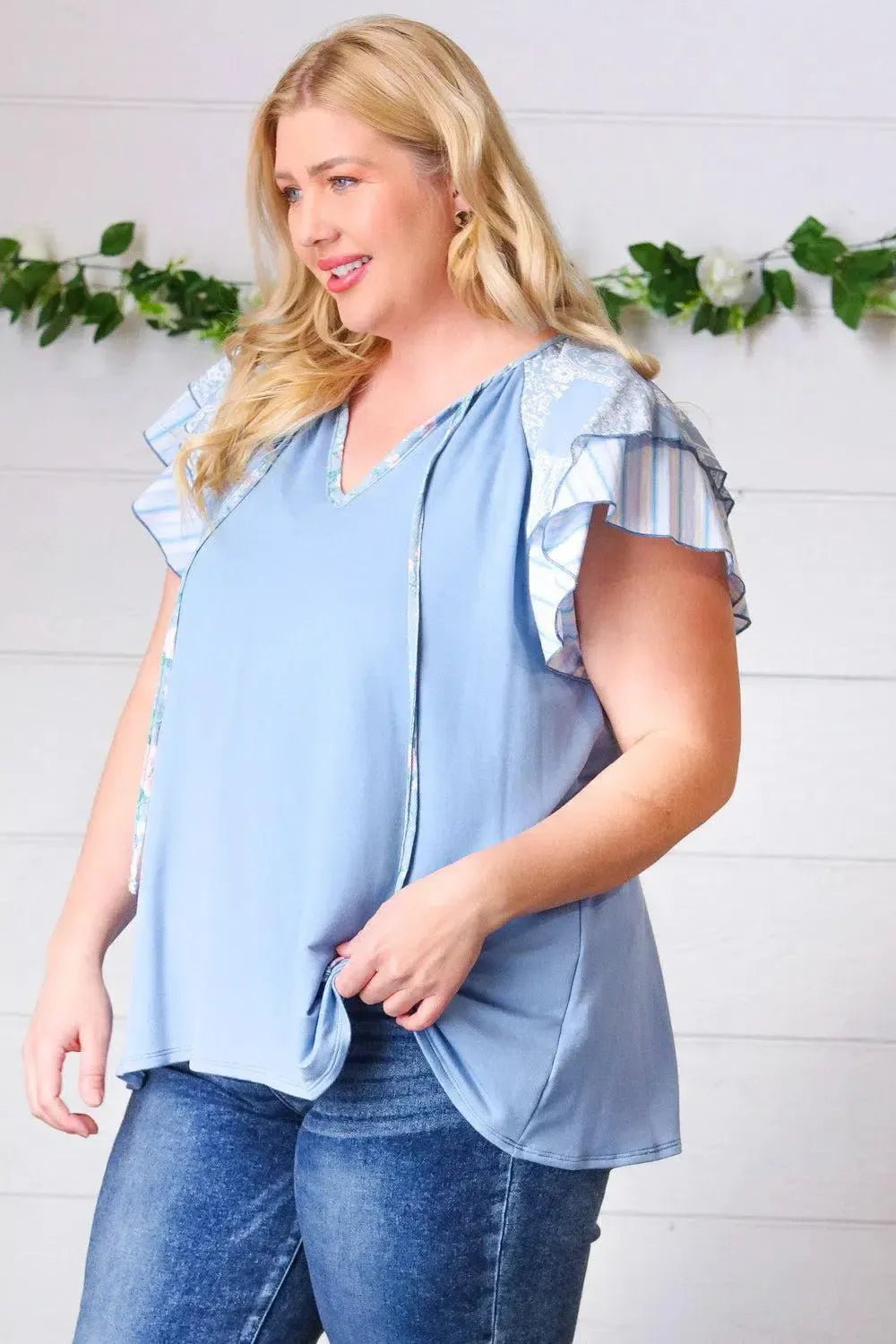 Blue Floral & Stripe V Neck Tie Double Flutter Sleeve Top-Evelyns Fashion