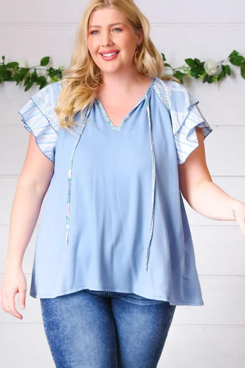Blue Floral & Stripe V Neck Tie Double Flutter Sleeve Top-Evelyns Fashion
