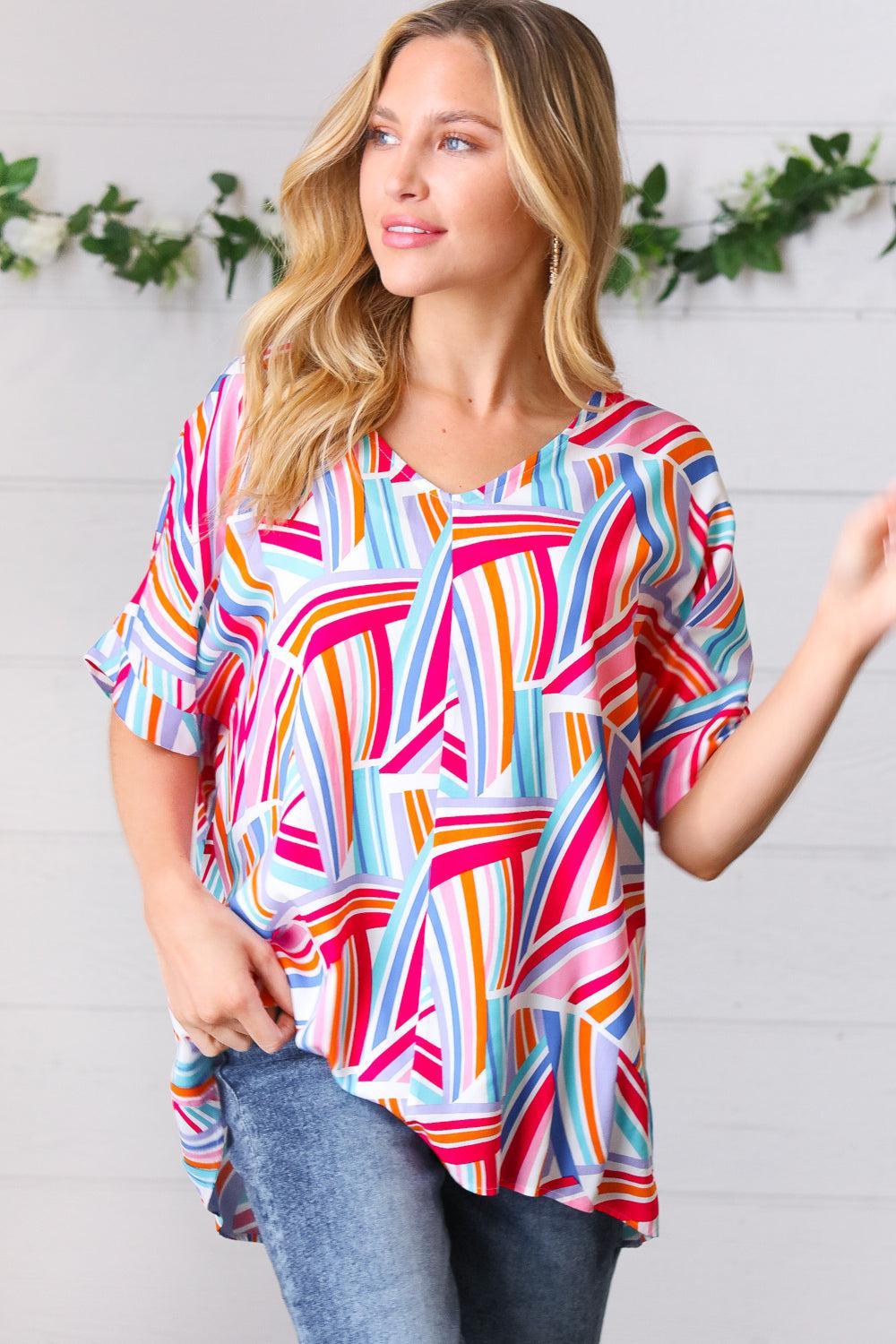 Blue & Fuchsia Geometric Print Woven Top-Evelyns Fashion