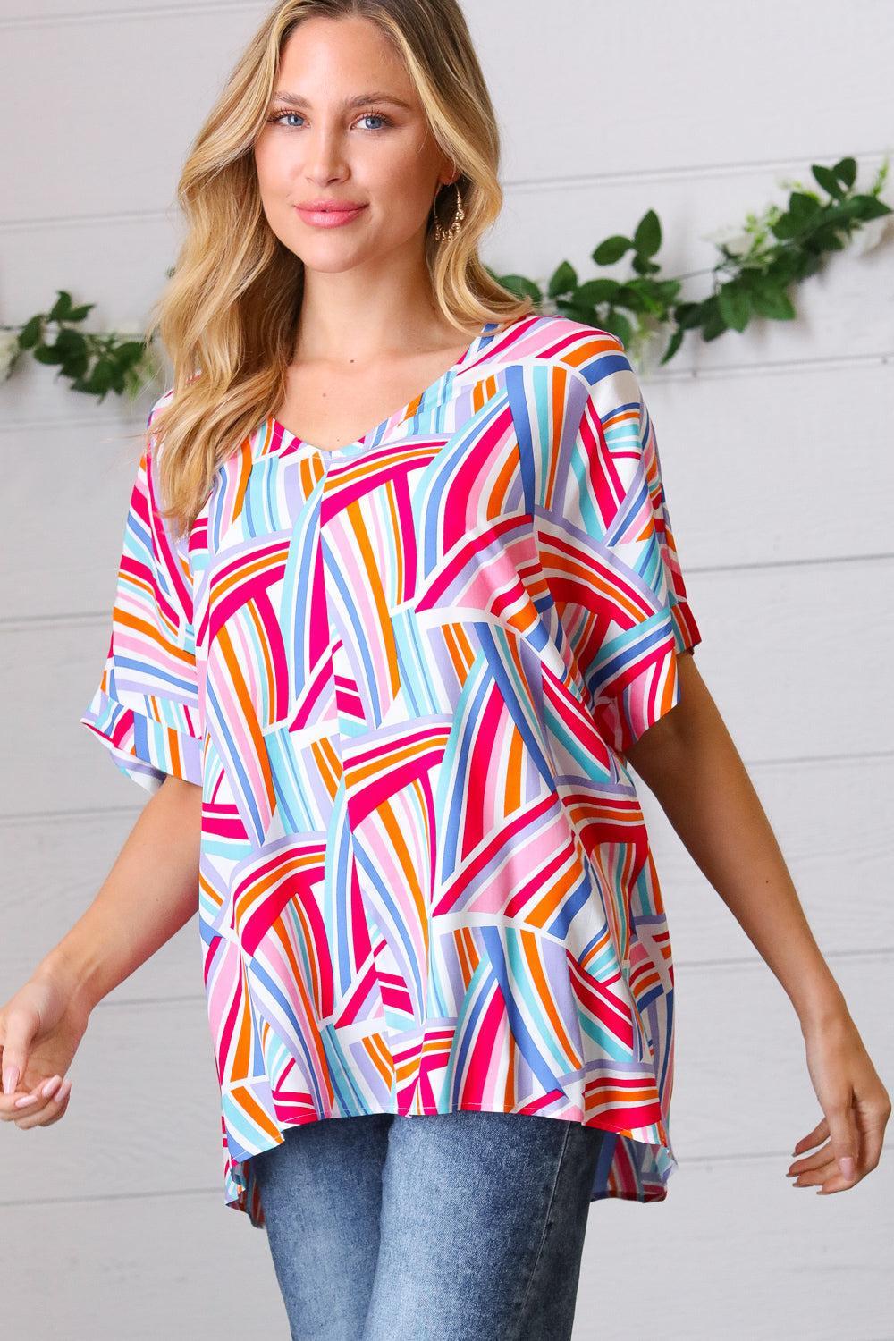 Blue & Fuchsia Geometric Print Woven Top-Evelyns Fashion