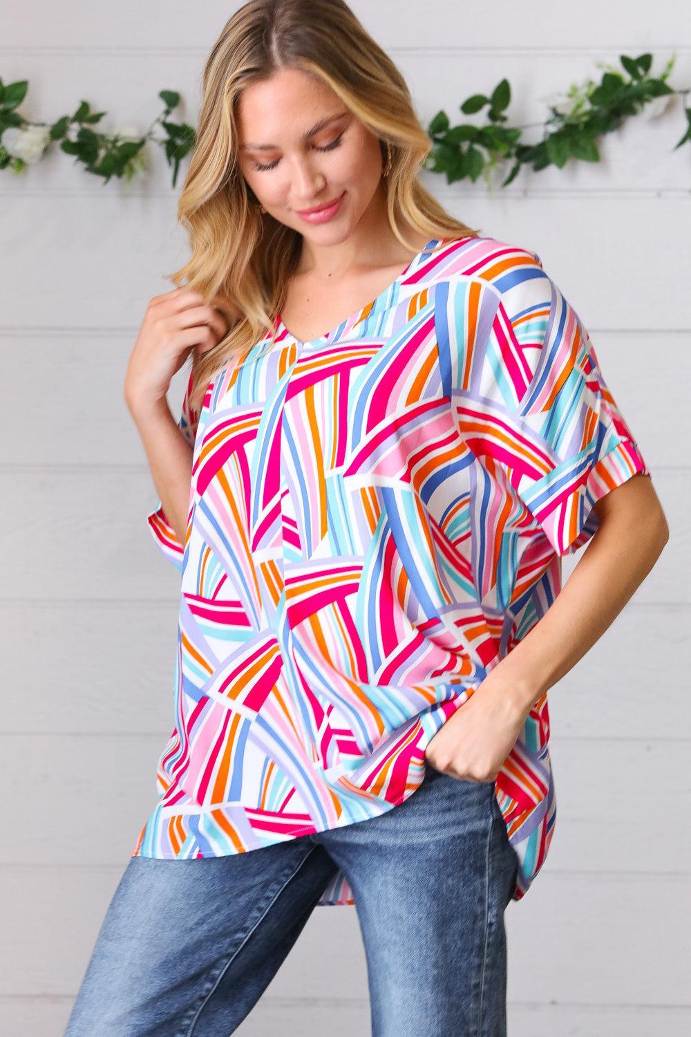 Blue & Fuchsia Geometric Print Woven Top-Evelyns Fashion