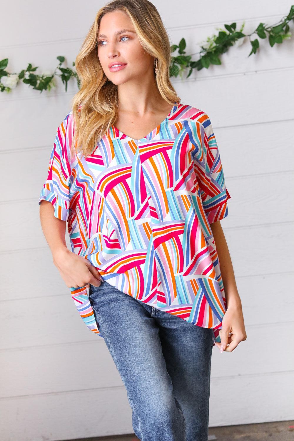 Blue & Fuchsia Geometric Print Woven Top-Evelyns Fashion