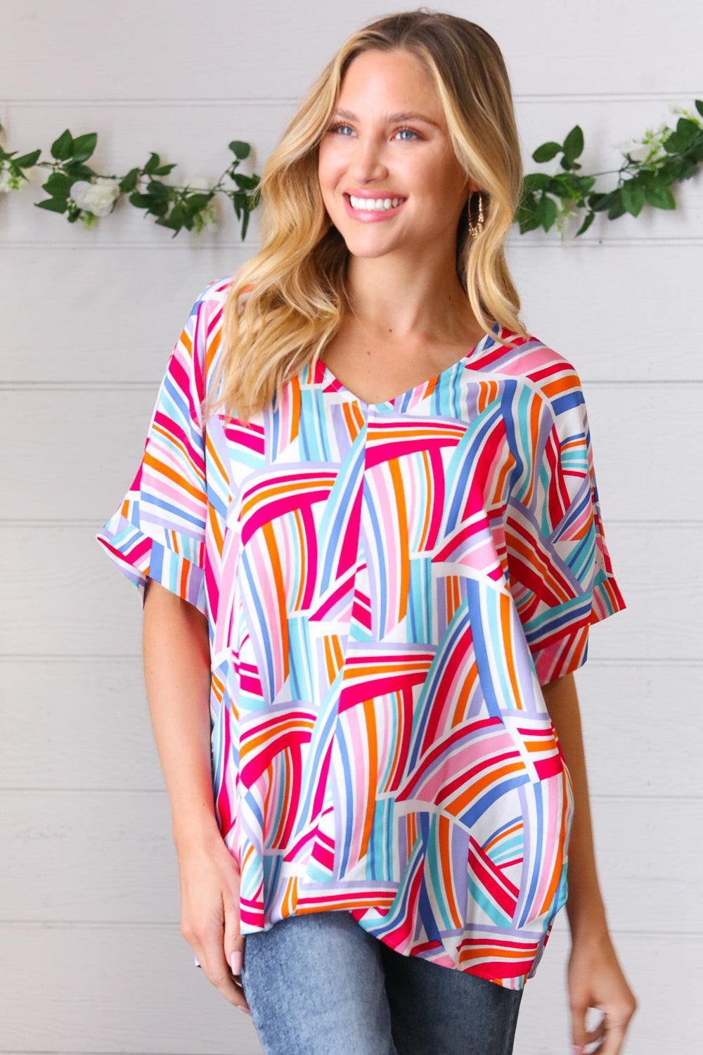 Blue & Fuchsia Geometric Print Woven Top-Evelyns Fashion