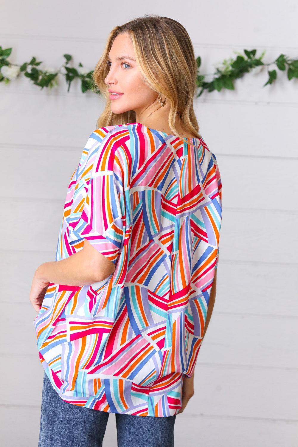 Blue & Fuchsia Geometric Print Woven Top-Evelyns Fashion