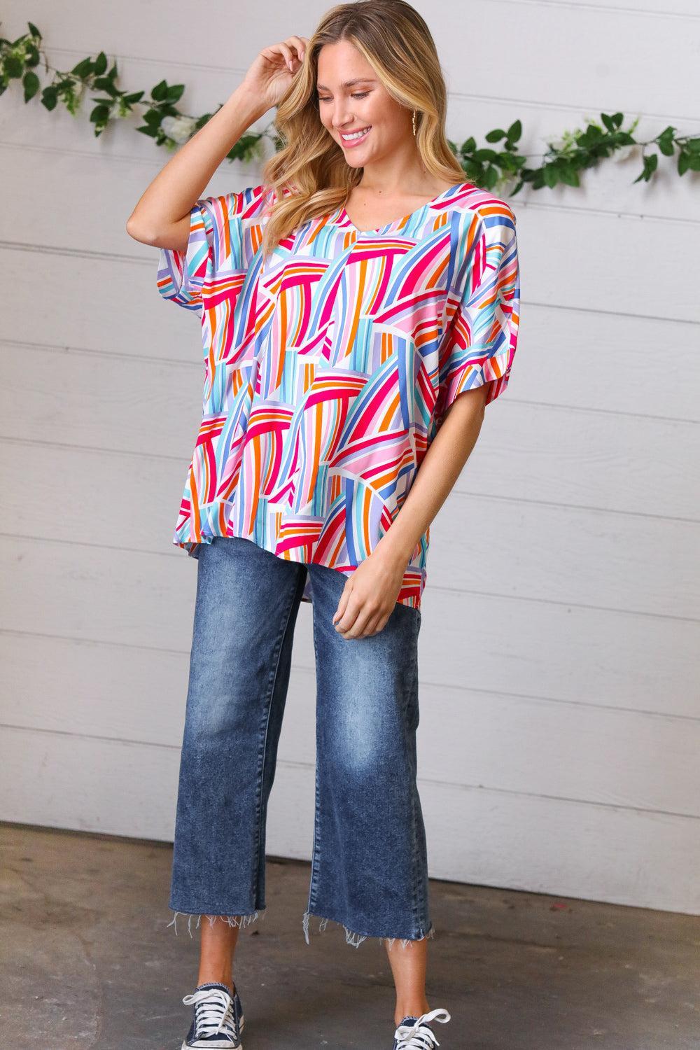 Blue & Fuchsia Geometric Print Woven Top-Evelyns Fashion
