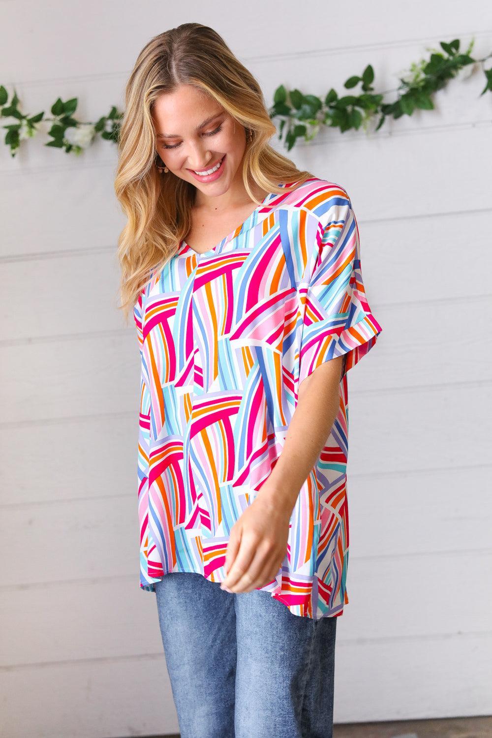 Blue & Fuchsia Geometric Print Woven Top-Evelyns Fashion
