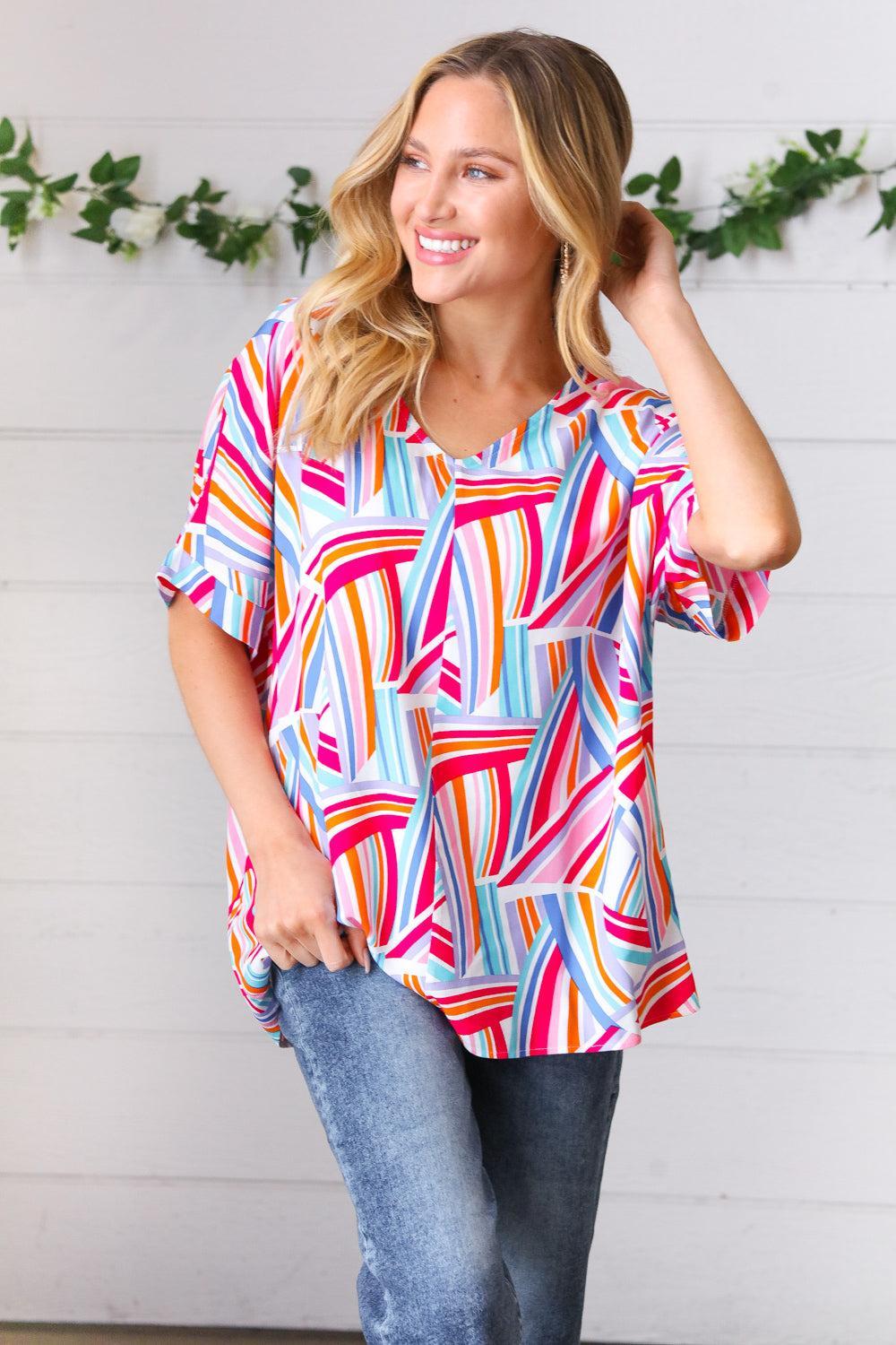 Blue & Fuchsia Geometric Print Woven Top-Evelyns Fashion