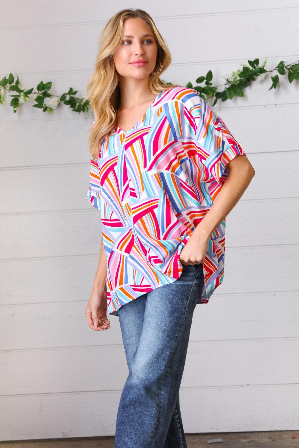 Blue & Fuchsia Geometric Print Woven Top-Evelyns Fashion