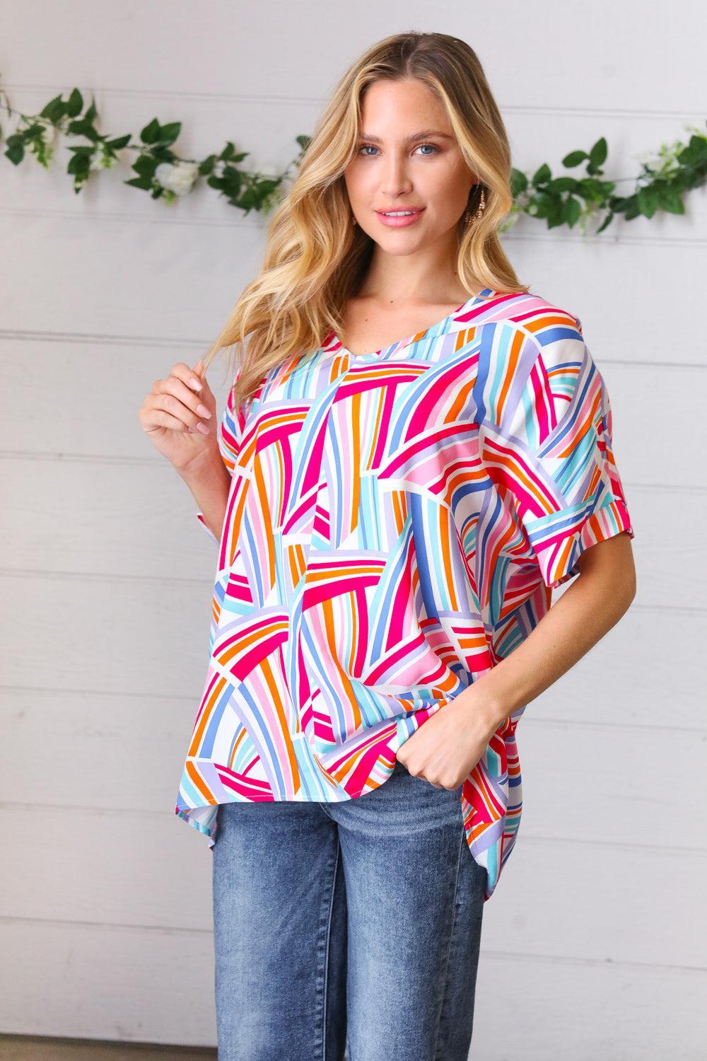 Blue & Fuchsia Geometric Print Woven Top-Evelyns Fashion