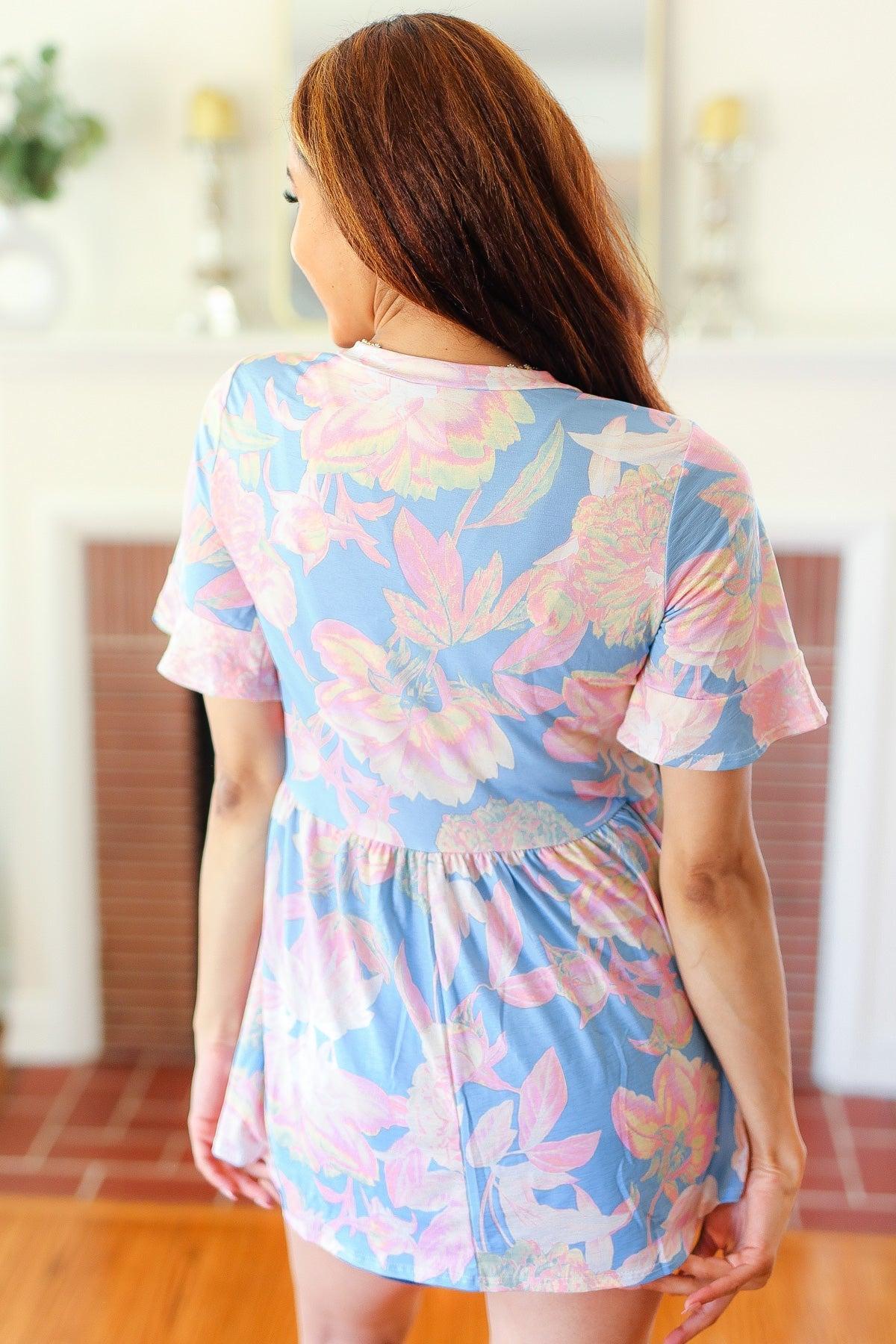 Blue & Pink Babydoll Top-Blouses-Evelyns Fashion