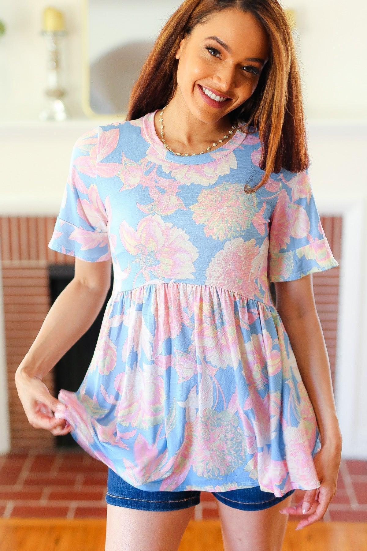 Blue & Pink Babydoll Top-Blouses-Evelyns Fashion