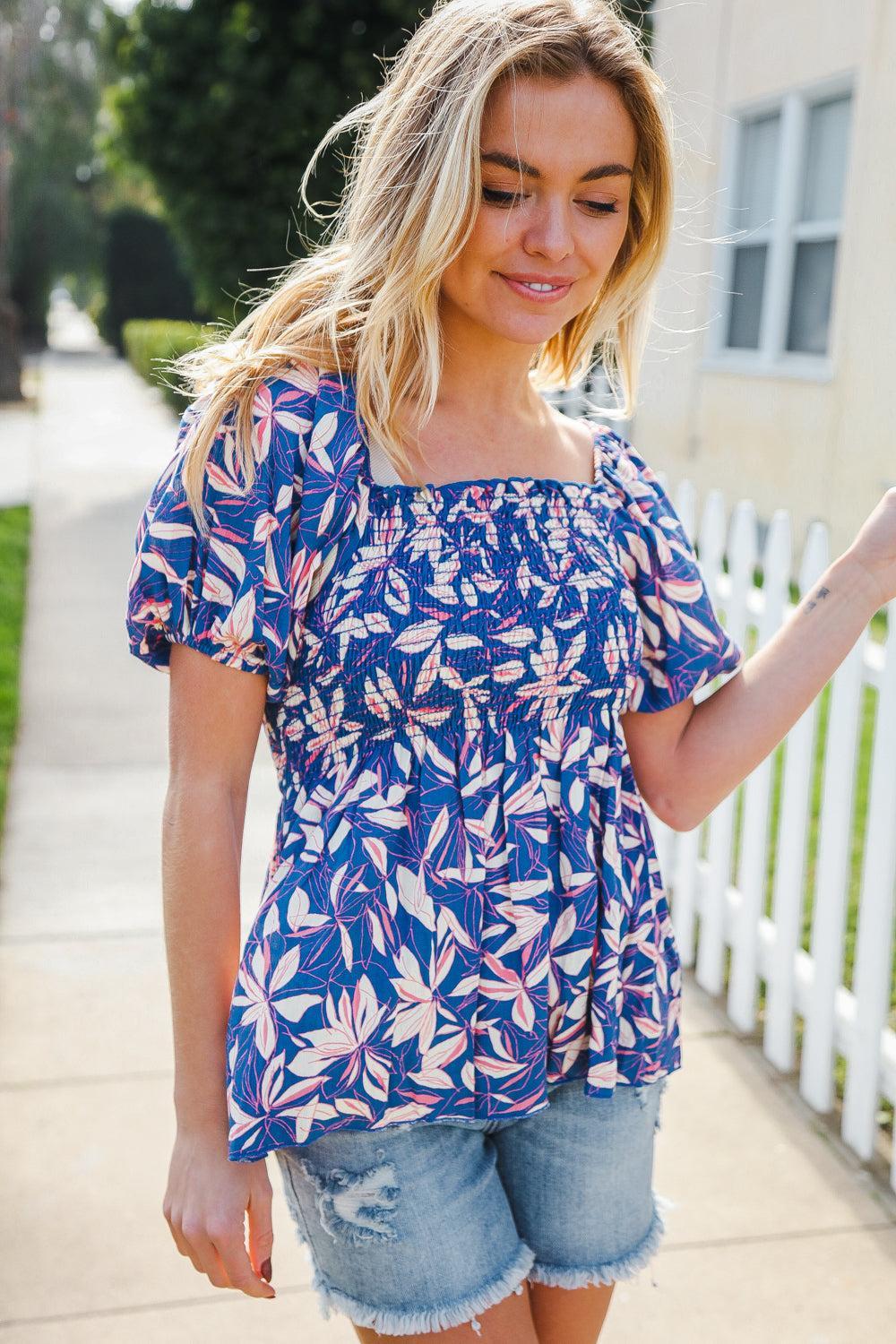 Blue & Pink Floral Crinkle Top-Blouses-Evelyns Fashion
