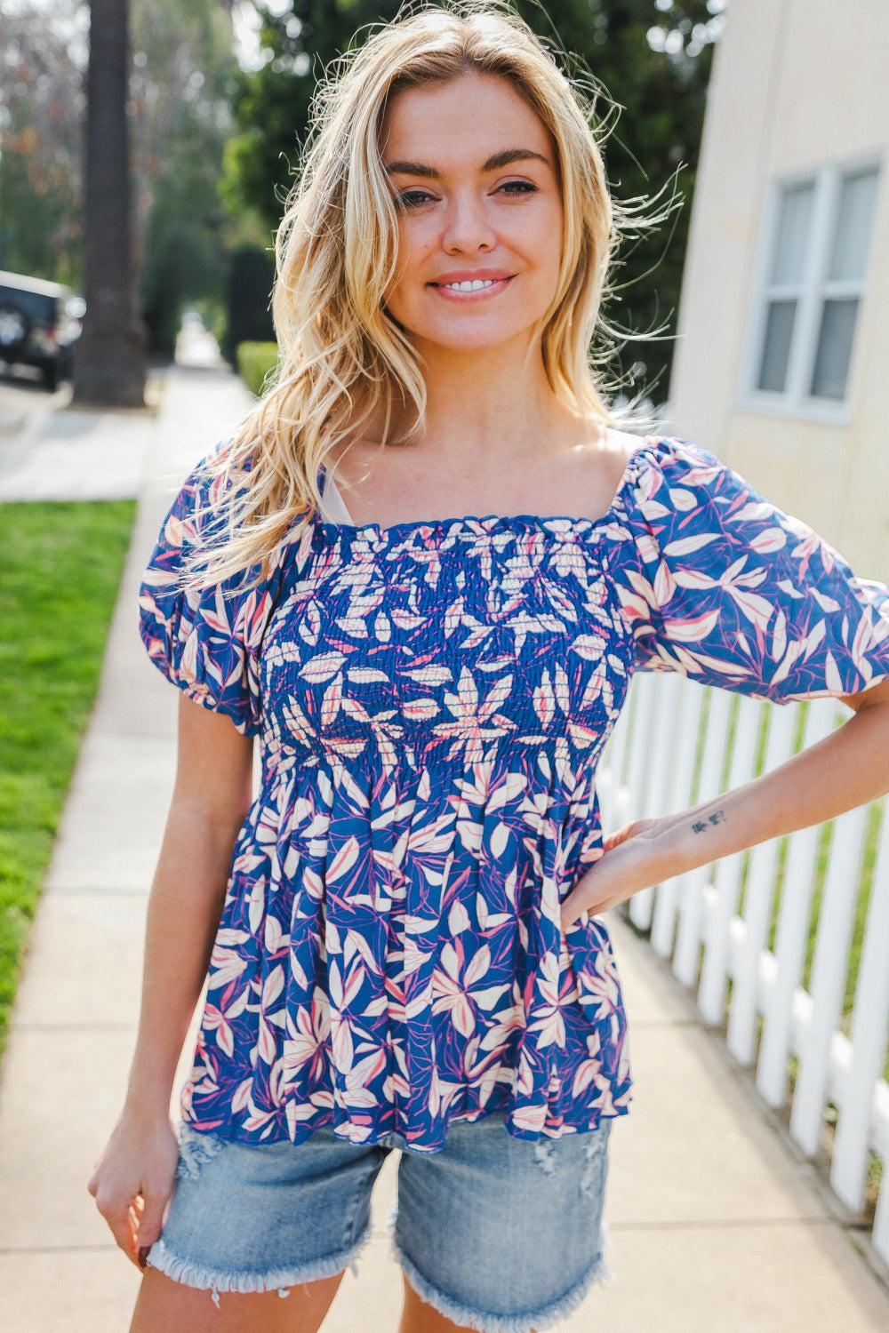 Blue & Pink Floral Crinkle Top-Blouses-Evelyns Fashion