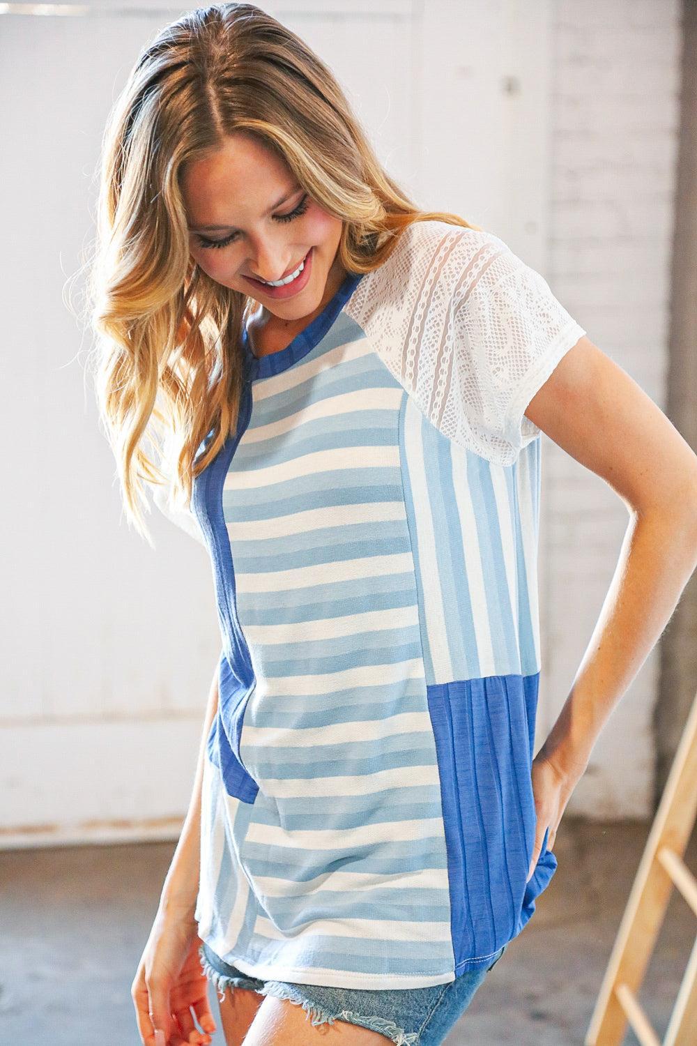 Blue Rib Terry Lace & Stripe Color Block Top-Evelyns Fashion