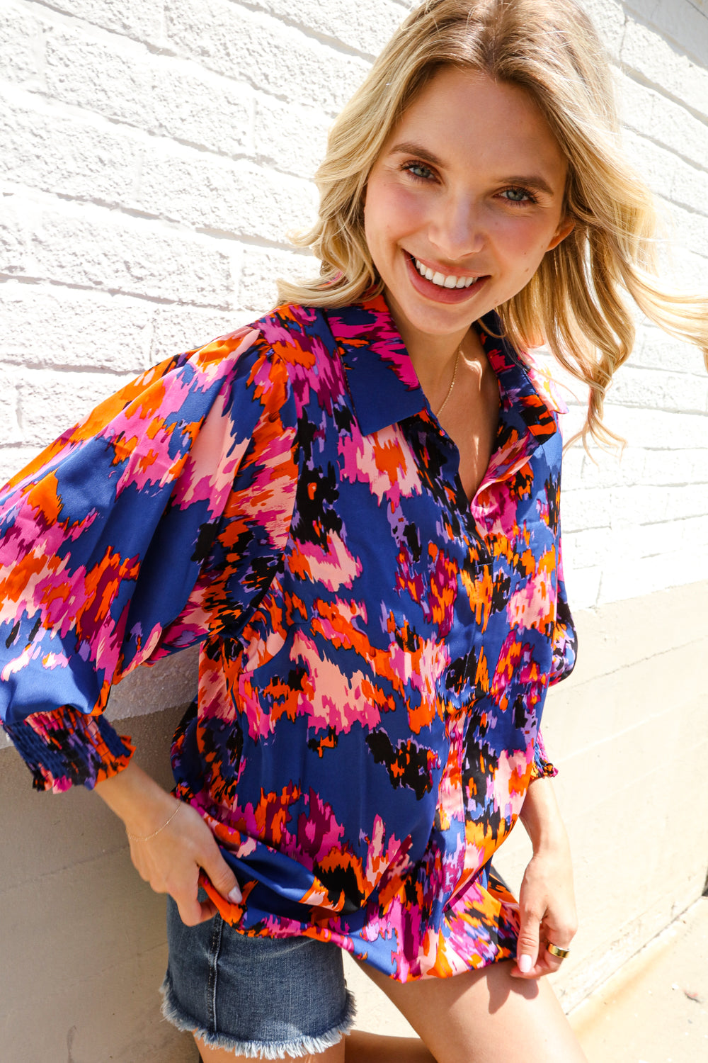 Blue Smocked Sleeve Blouse-Long Sleeve Blouse-Evelyns Fashion