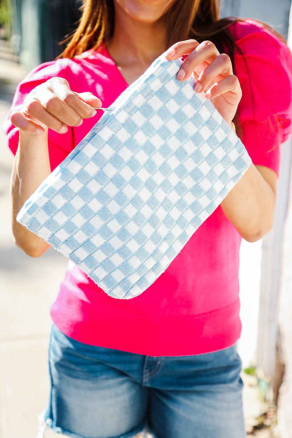 Blue & White Checker Cloth/Knit Travel Bag-Evelyns Fashion
