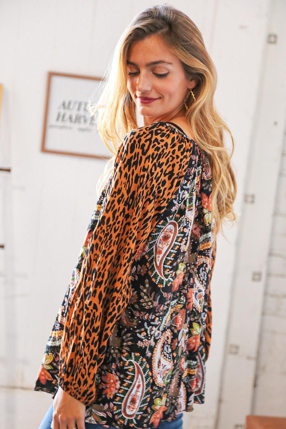 Boho Paisley Leopard Print Front Tie Woven Blouse-Evelyns Fashion