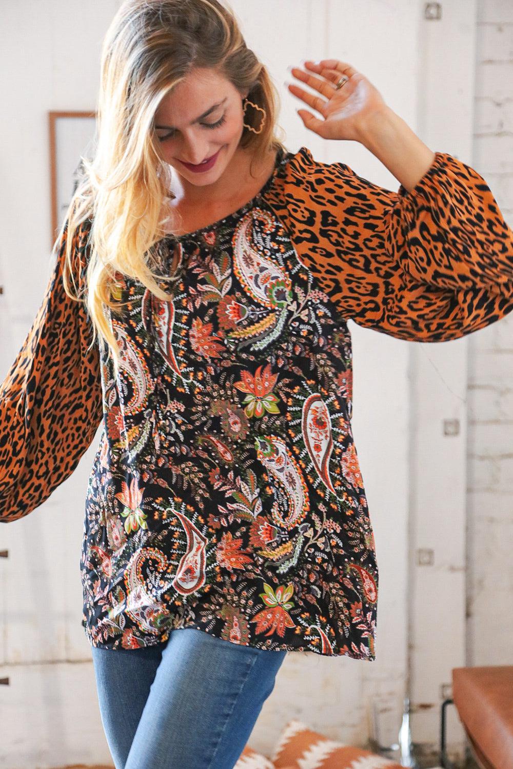 Boho Paisley Leopard Print Front Tie Woven Blouse-Evelyns Fashion