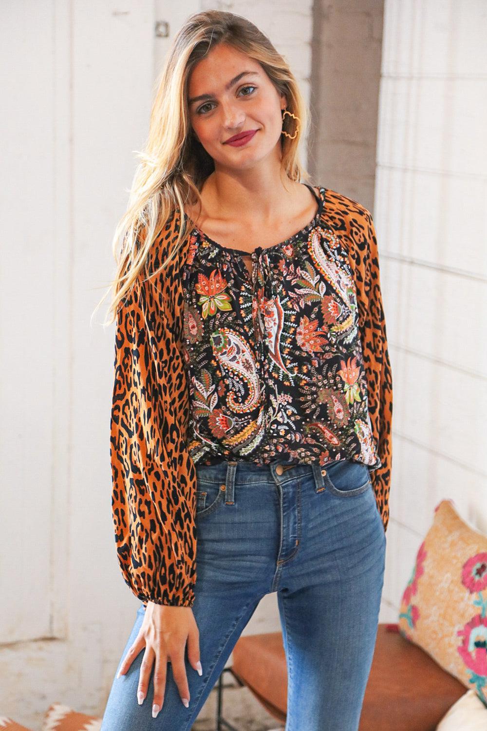 Boho Paisley Leopard Print Front Tie Woven Blouse-Evelyns Fashion