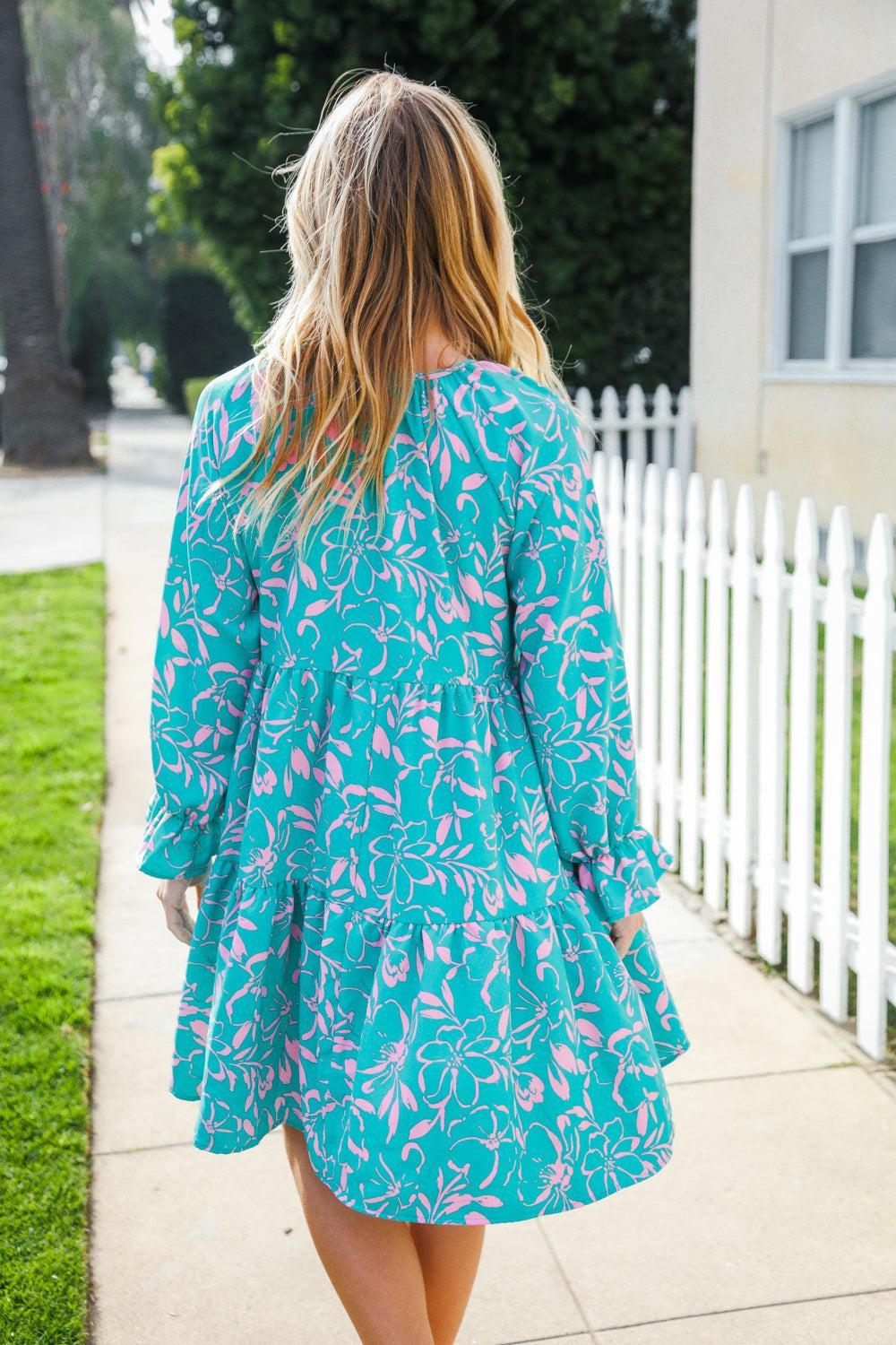 Boho Romance Mint Floral Print Front Ribbon Bow Tiered Dress-Evelyns Fashion