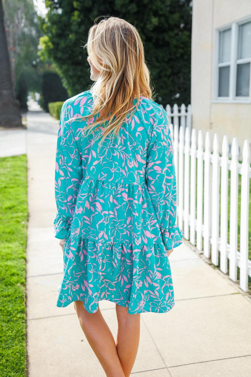 Boho Romance Mint Floral Print Front Ribbon Bow Tiered Dress-Evelyns Fashion