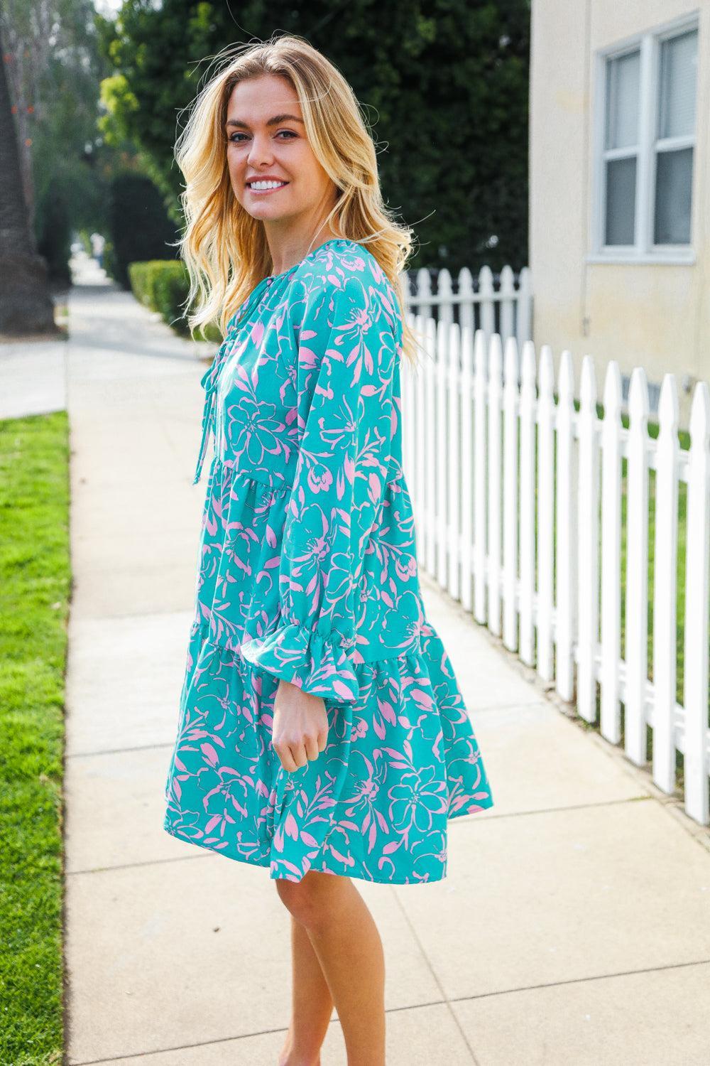 Boho Romance Mint Floral Print Front Ribbon Bow Tiered Dress-Evelyns Fashion
