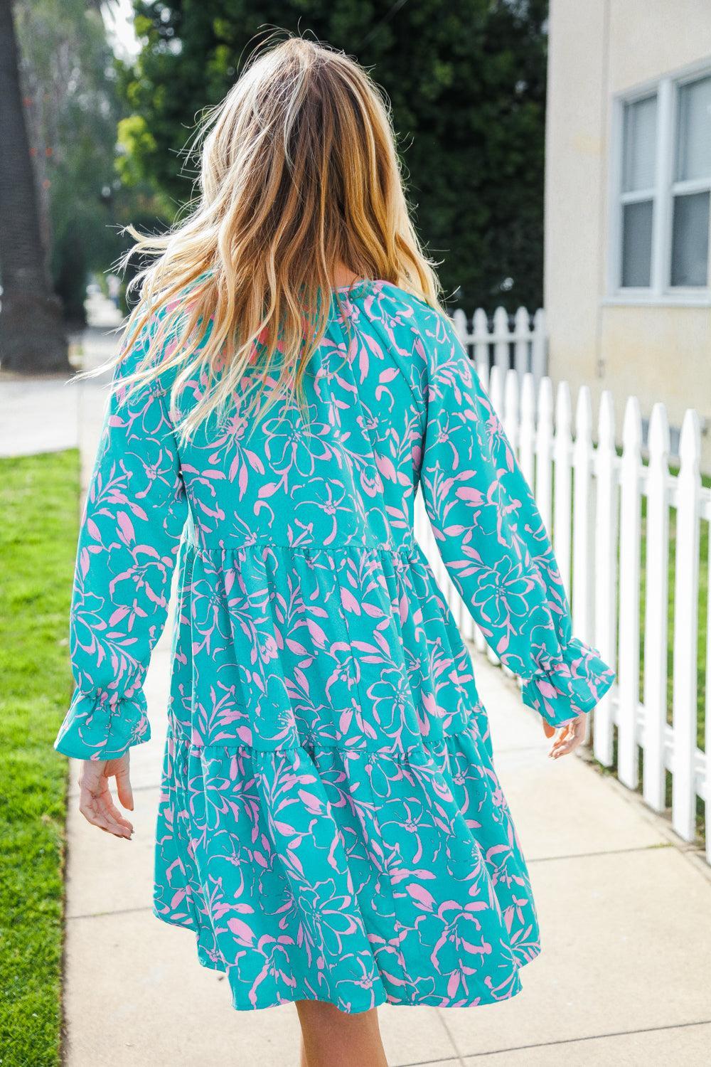Boho Romance Mint Floral Print Front Ribbon Bow Tiered Dress-Evelyns Fashion