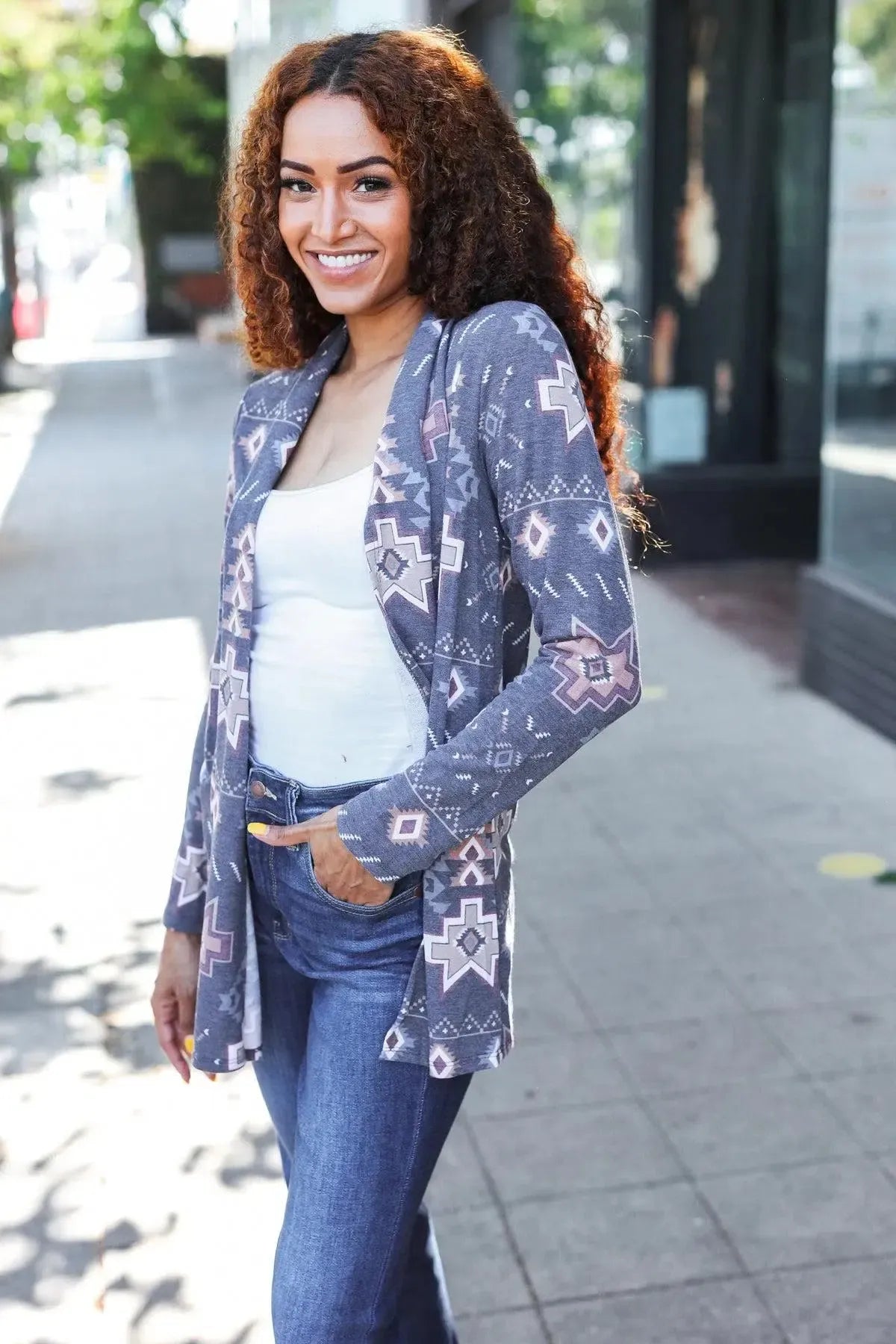 Boho Vibes Charcoal Tribal Print Terry Open Cardigan-Evelyns Fashion