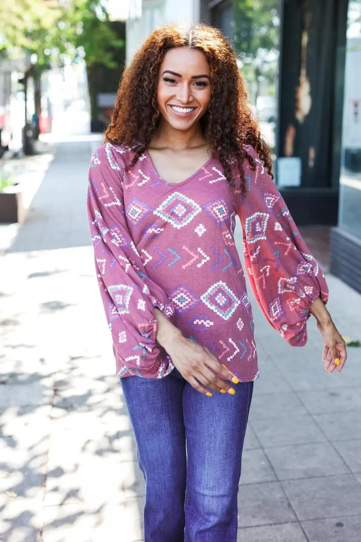 Boho Vibes Elastic Long Sleeve Aztec Print V Neck Pullover-Evelyns Fashion
