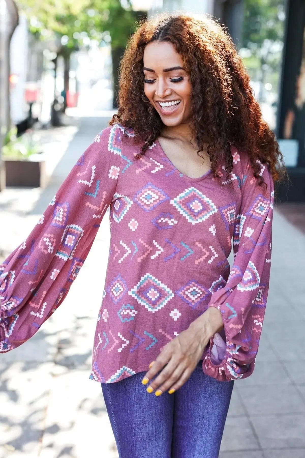 Boho Vibes Elastic Long Sleeve Aztec Print V Neck Pullover-Evelyns Fashion