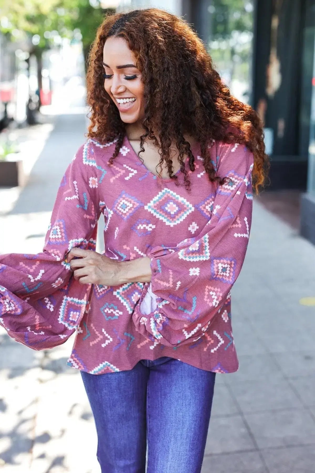 Boho Vibes Elastic Long Sleeve Aztec Print V Neck Pullover-Evelyns Fashion