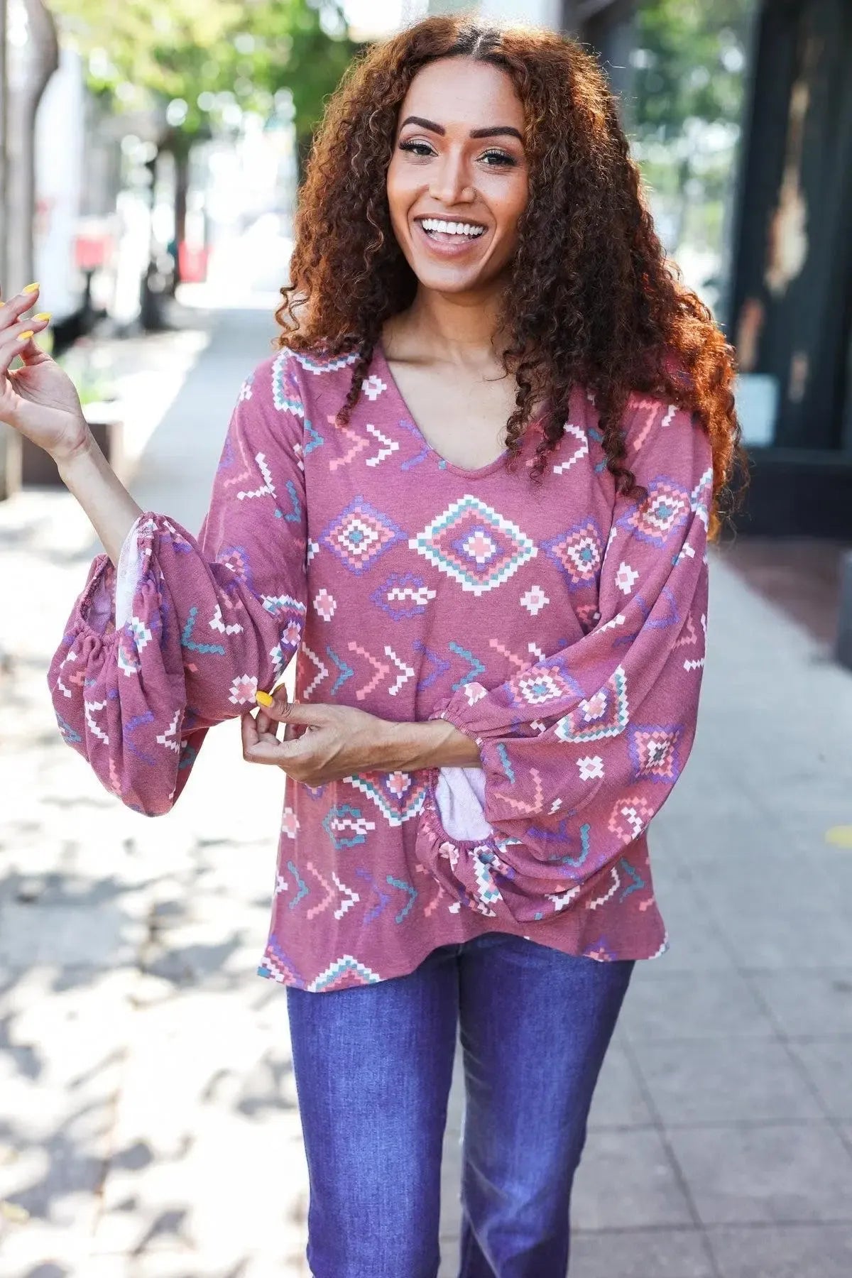 Boho Vibes Elastic Long Sleeve Aztec Print V Neck Pullover-Evelyns Fashion
