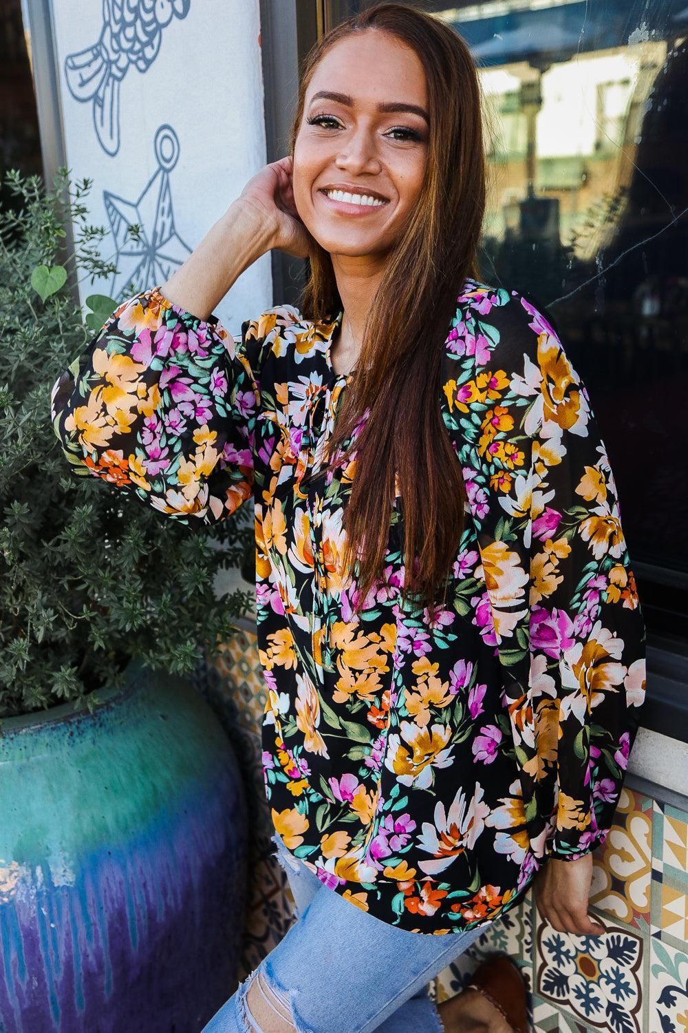 Boho Vibes Notch Tie Neck Floral Print Long Sleeve Blouse-Evelyns Fashion