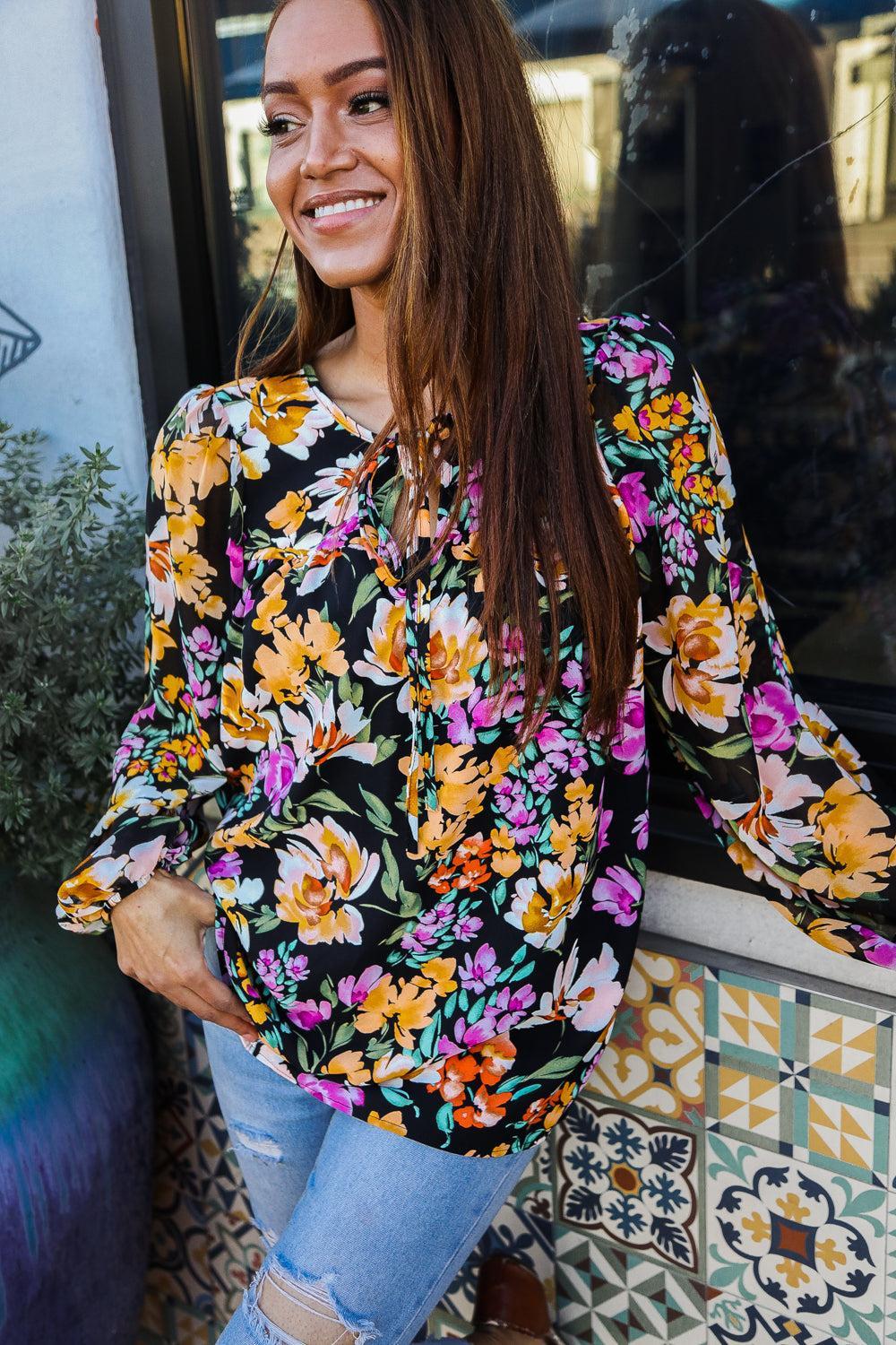 Boho Vibes Notch Tie Neck Floral Print Long Sleeve Blouse-Evelyns Fashion