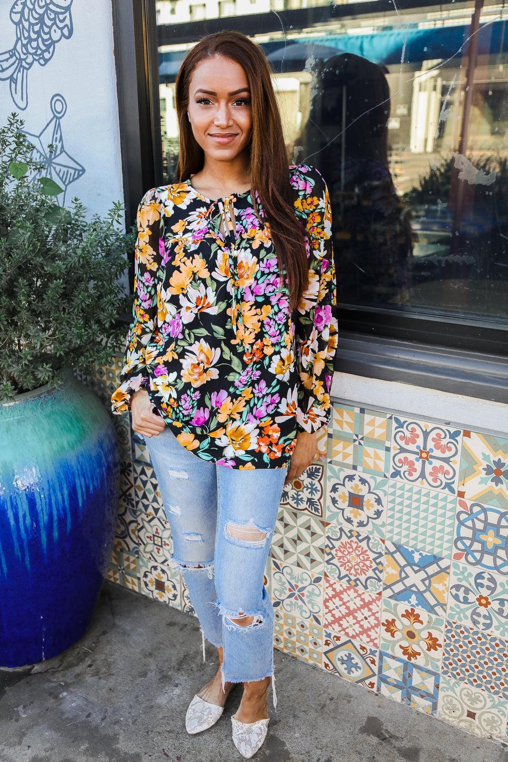 Boho Vibes Notch Tie Neck Floral Print Long Sleeve Blouse-Evelyns Fashion