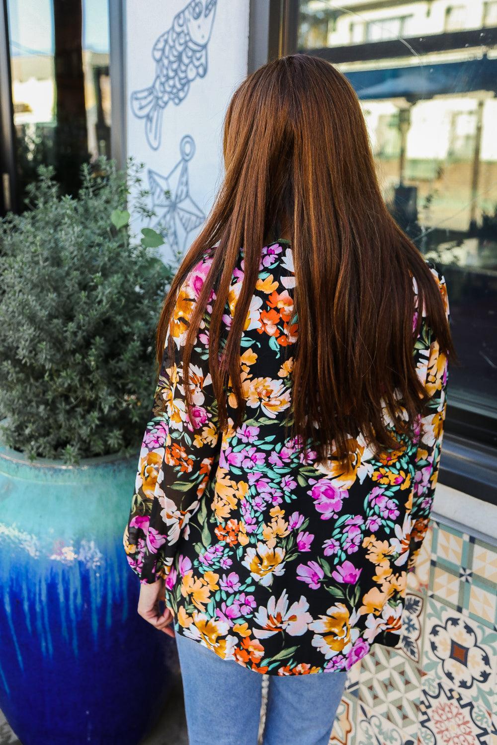 Boho Vibes Notch Tie Neck Floral Print Long Sleeve Blouse-Evelyns Fashion