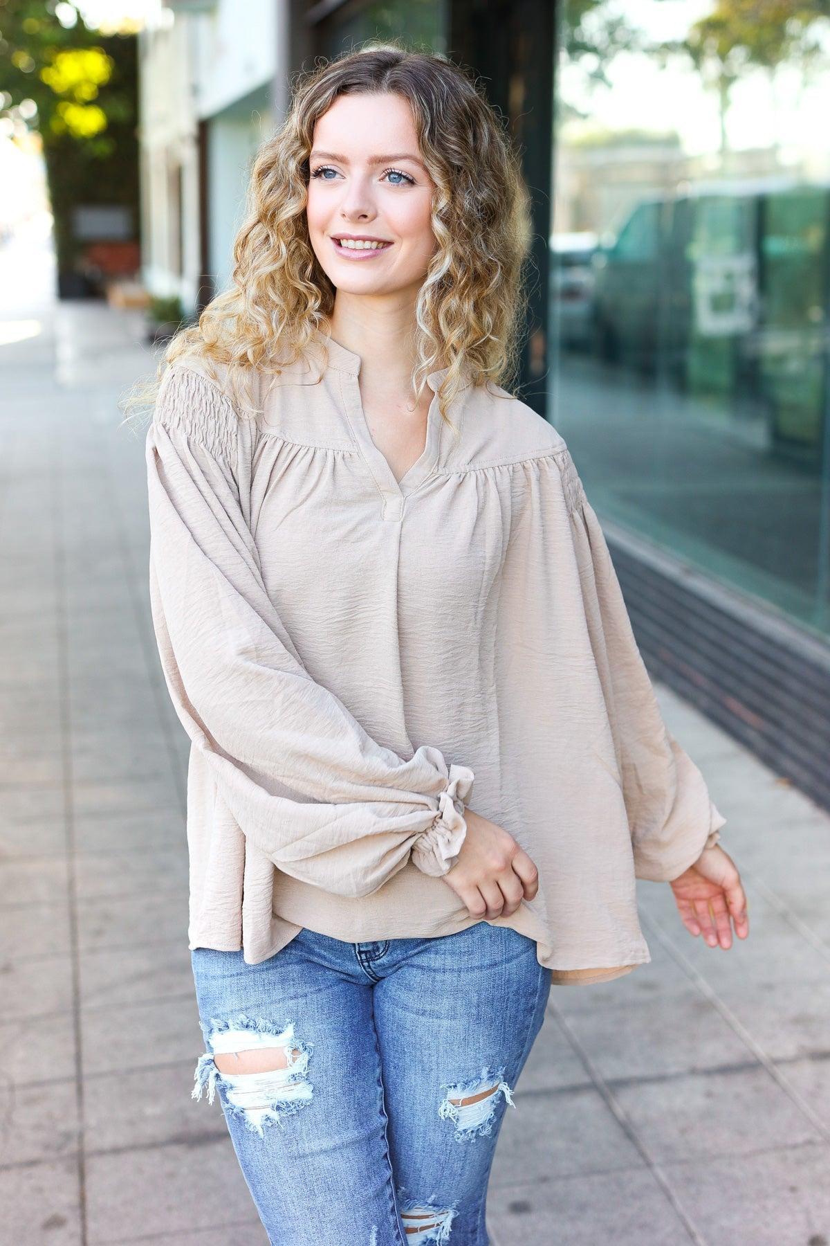 Boho Vibes Taupe Notched Neck Smocked Bubble Sleeve Top-Evelyns Fashion