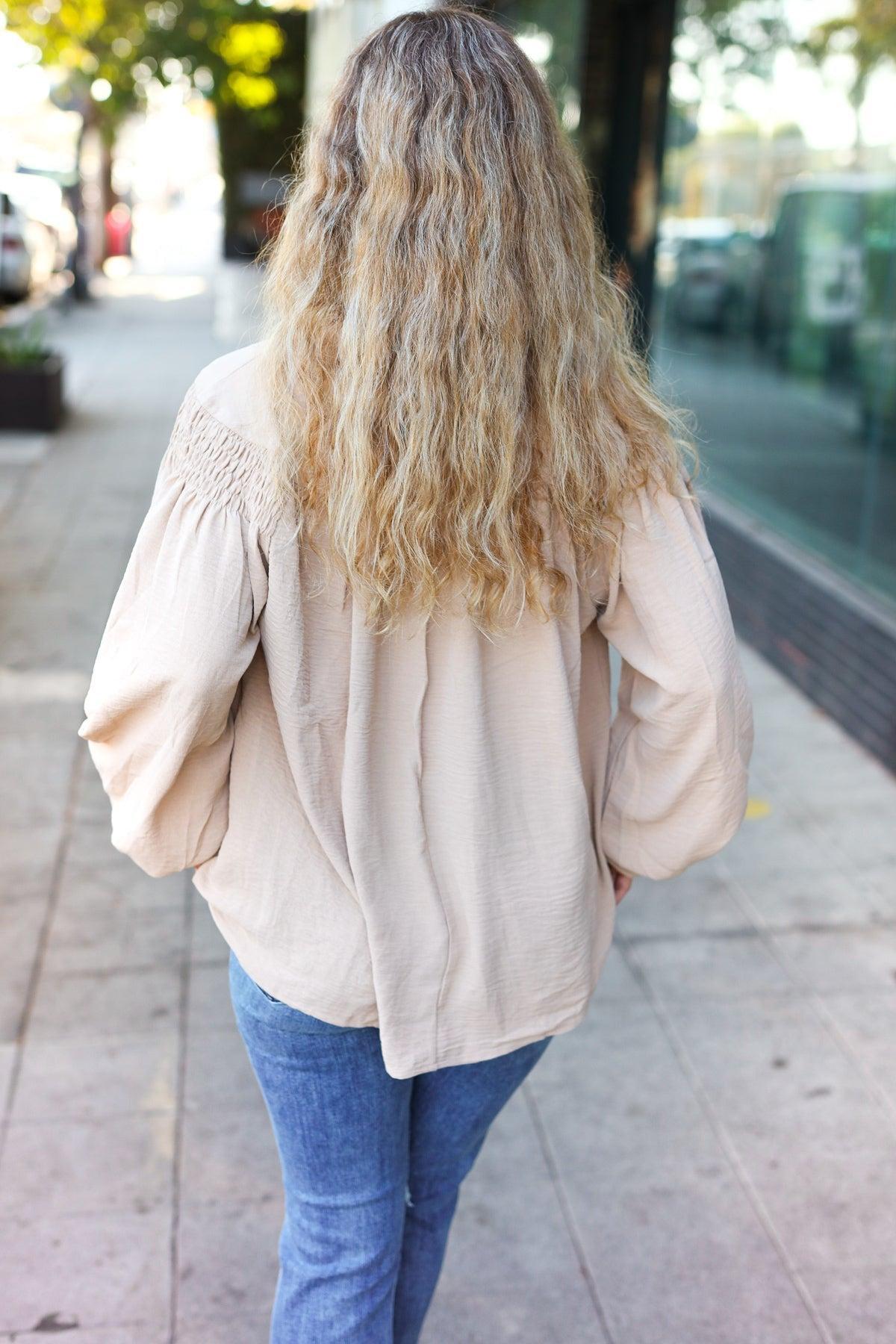 Boho Vibes Taupe Notched Neck Smocked Bubble Sleeve Top-Evelyns Fashion