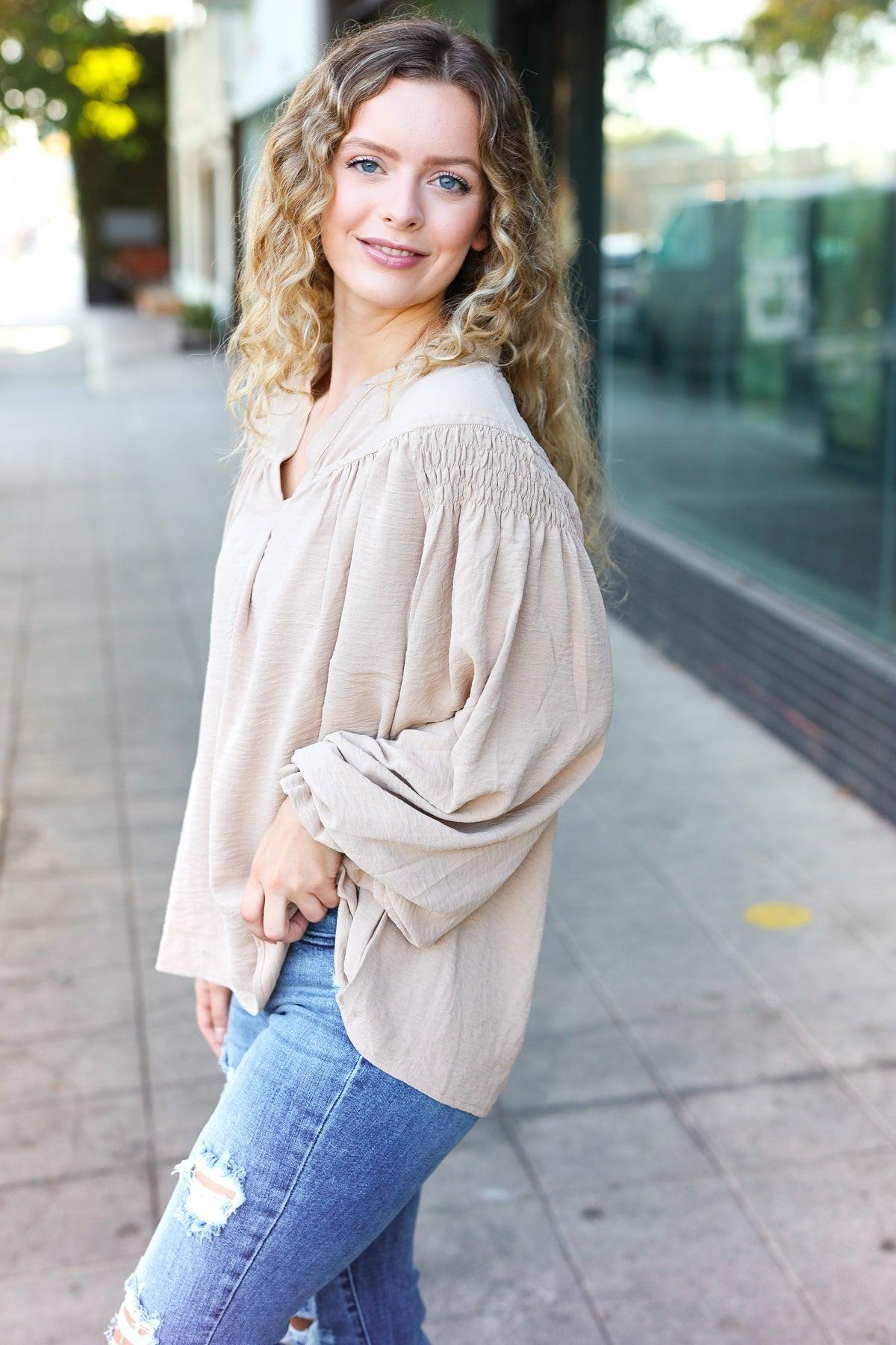 Boho Vibes Taupe Notched Neck Smocked Bubble Sleeve Top-Evelyns Fashion